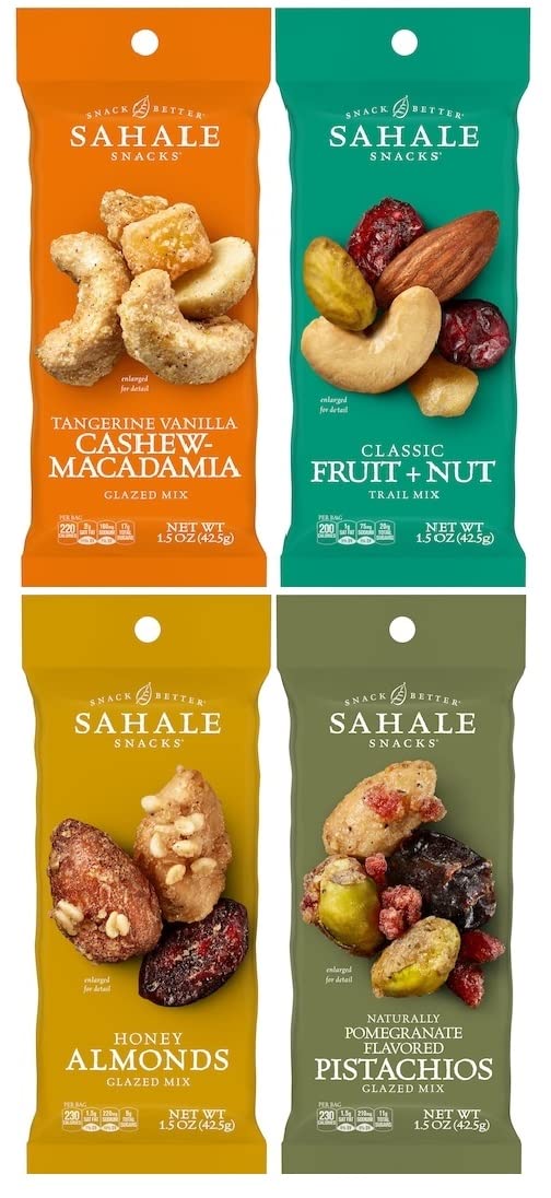 MAKE YOUR DAY Nut Variety Featuring Sahale Snacks Glazed Nut Mix, Tangerine Vanilla, Fruit & Nut, Honey Almonds, and Pomegranate Flavored Pistachios, 1.5 Ounce (Pack of 12) - with Make Your Day Bag Clip