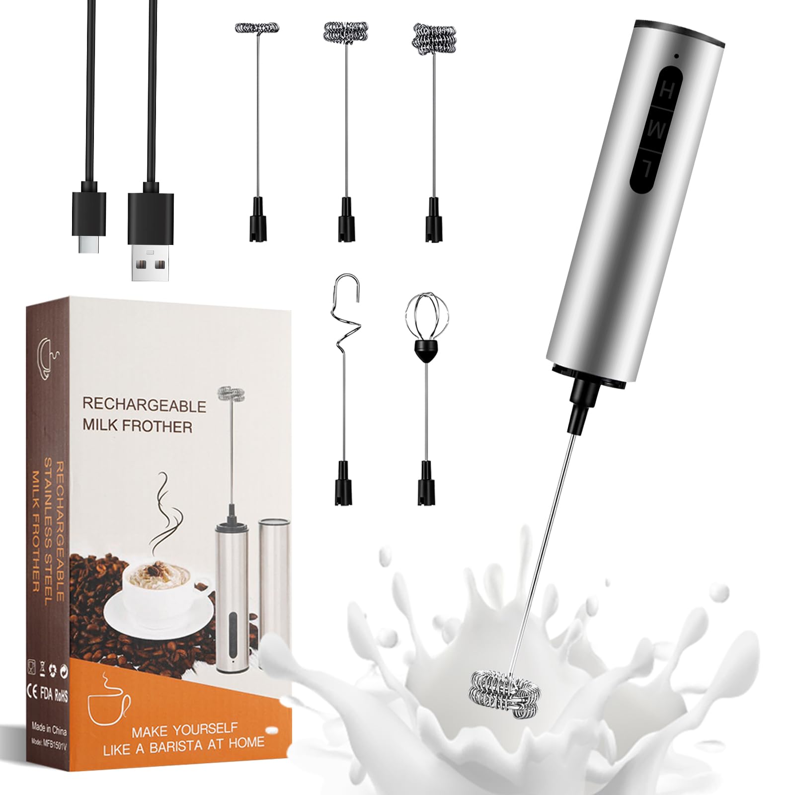 Melkopschuimer Elektrisch USB,Hand Melkopschuimer met 3 Snelheden en 5 RVS Opzetstukken,Elektrische Garde voor Cappuccino,Latte Macchiato,Matcha,Eieren,Slagroom en Eiwitshakes