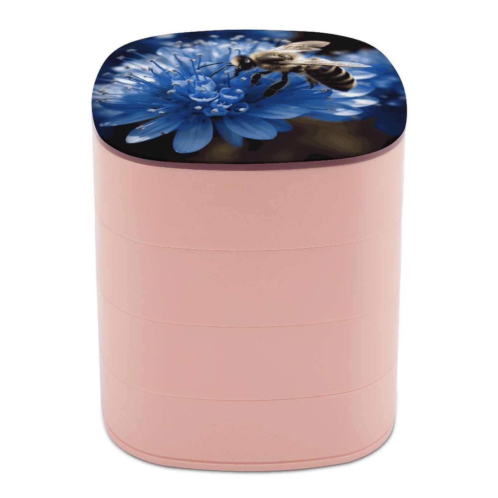 JTREHY Blue Flower Bee Jewelry Box 4-Layer Covered Rotating Jewelry Storage Box Large Capacity Storage Boxes Portable Jewelry Case for Bracelets Earrings Necklace