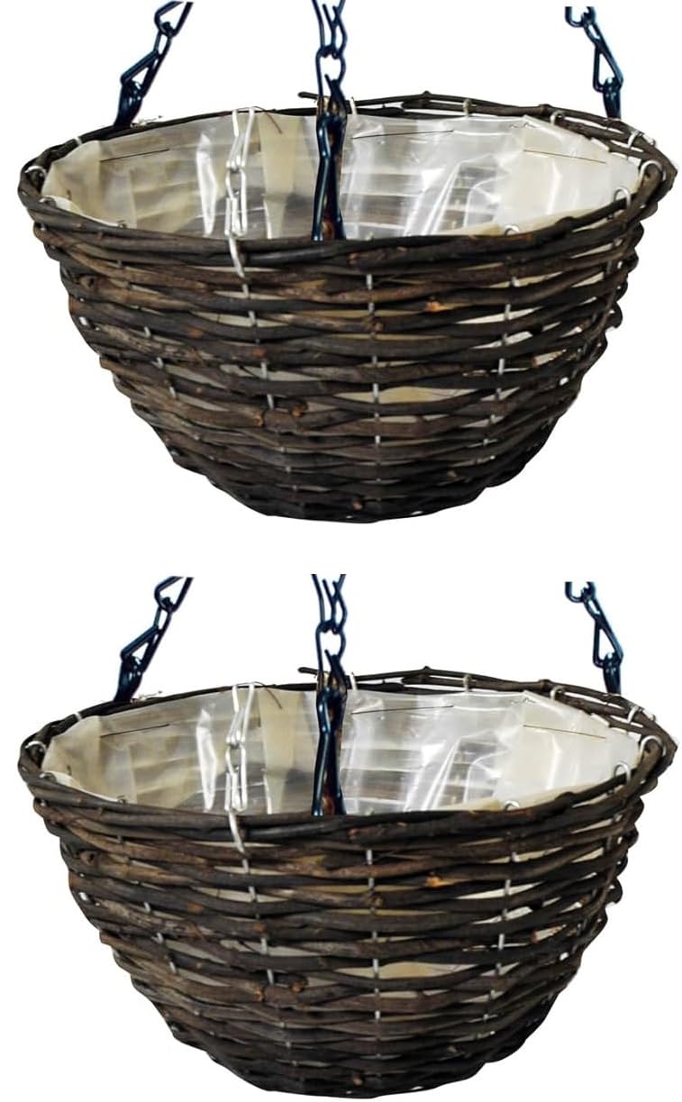 Quickdraw 2 x Hanging Baskets 14 Inch Dark Wood Wicker Style Rattan Planters 2pcs