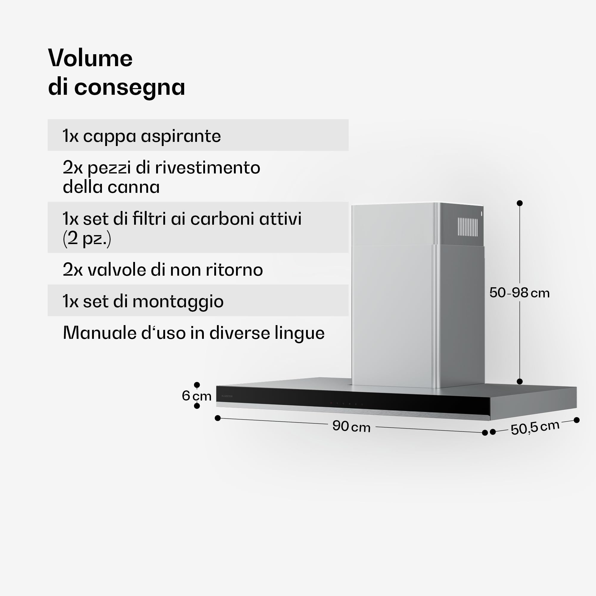 Klarstein Verosteel Cappa Aspirante 90 cm - Cappa a Parete, 881,6 m³/h, Touch, LED, Classe A++, Filtro Lavabile & Carbone, Acciaio Inox, Silenziosa, Design Minimalista