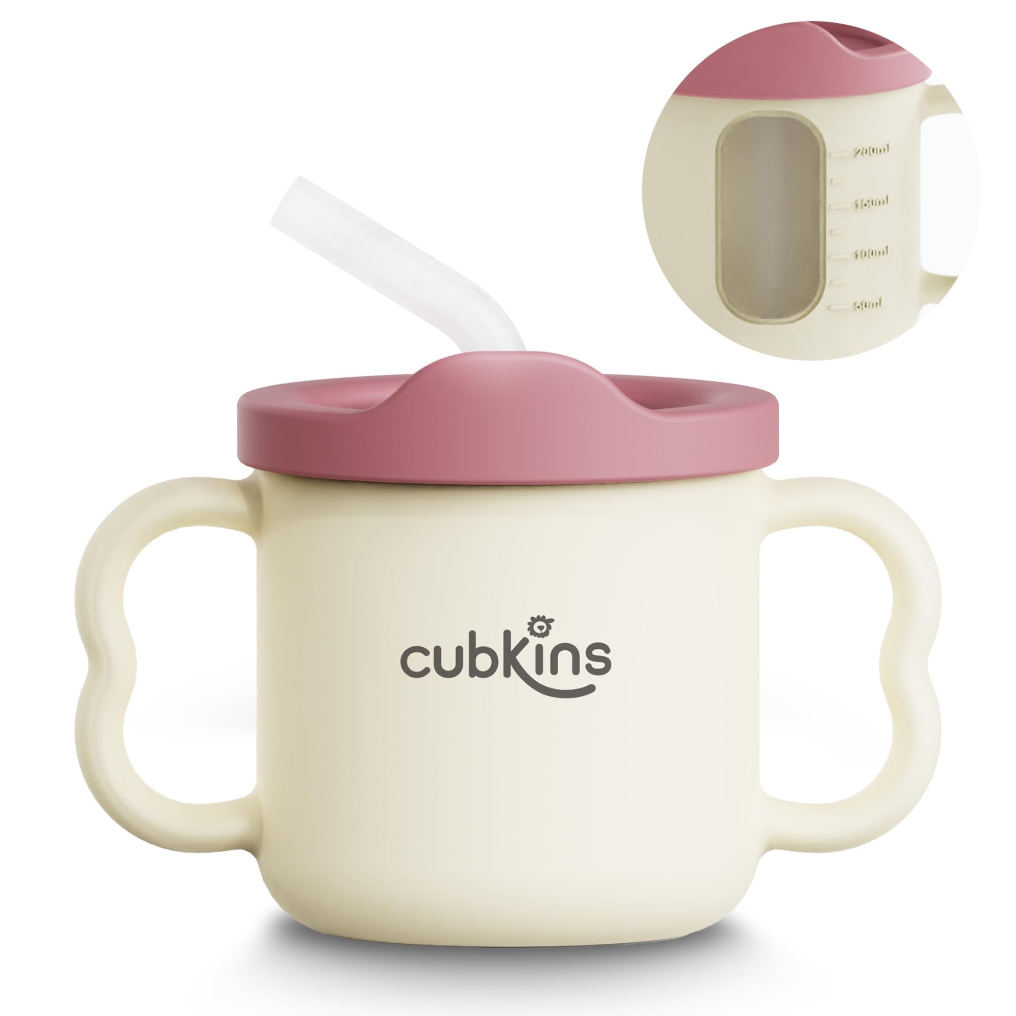 CUBKINS Silicone Sippy Cup with Soft and Durable Straw Training Cup for Babies | Transparent Measuring Level Cup with Lid for Toddler and Kids (White-Raspberry)-image-17