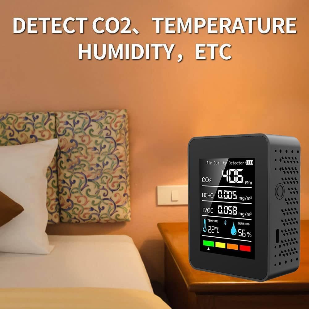 Medidor CO2 Detector CO2 Gas, 5 en 1 Detector de CO2 con Pantalla LED Medidor de Humedad y Temperatura TVOC HCHO Dormitorio Oficina Coche focombance1