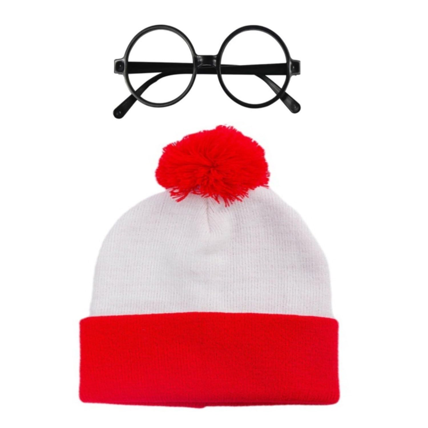AOVNA Red & White Knitted Hat with Black Nerd Glasses World Book Day Costume Accessory for Girl Boy