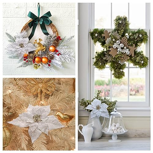 M2cbridge Artificial Christmas Flowers Red Velvet Poinsettia Floral Picks for Christmas Wreath Tree Ornaments(4pcs Extra Large White) - Image 4