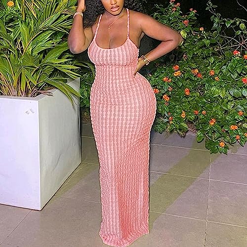 Image of RARITYUS Women's Lace Up Bodycon Maxi Dress Sexy Low Cut Backless Sleeveless Textured Long Party Club Dresses
