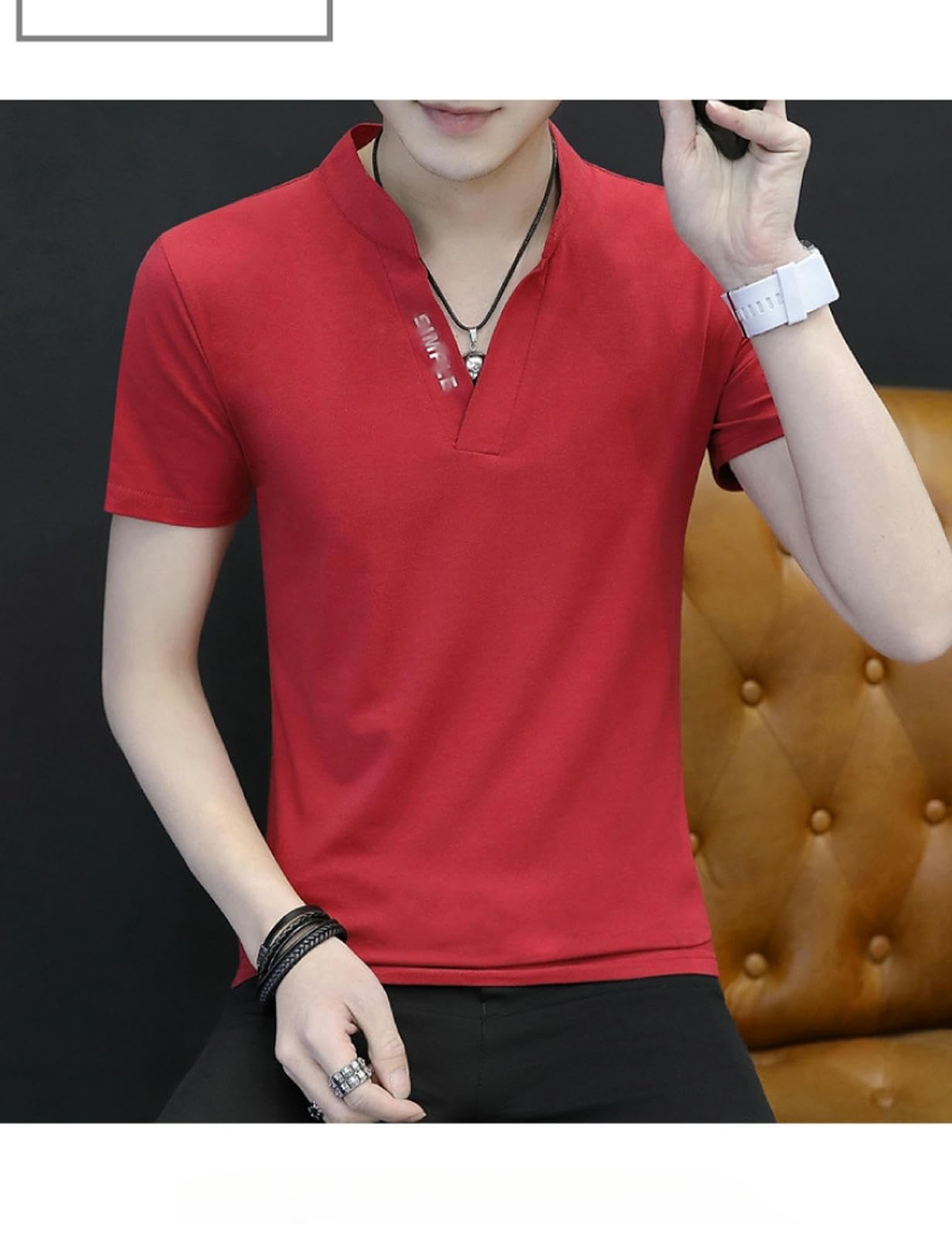 T-shirt męski z krótkim rękawem, dekolt w serek, Henley, krój slim fit, basic, golf, tenis, sport, pół rękawy, letni trend