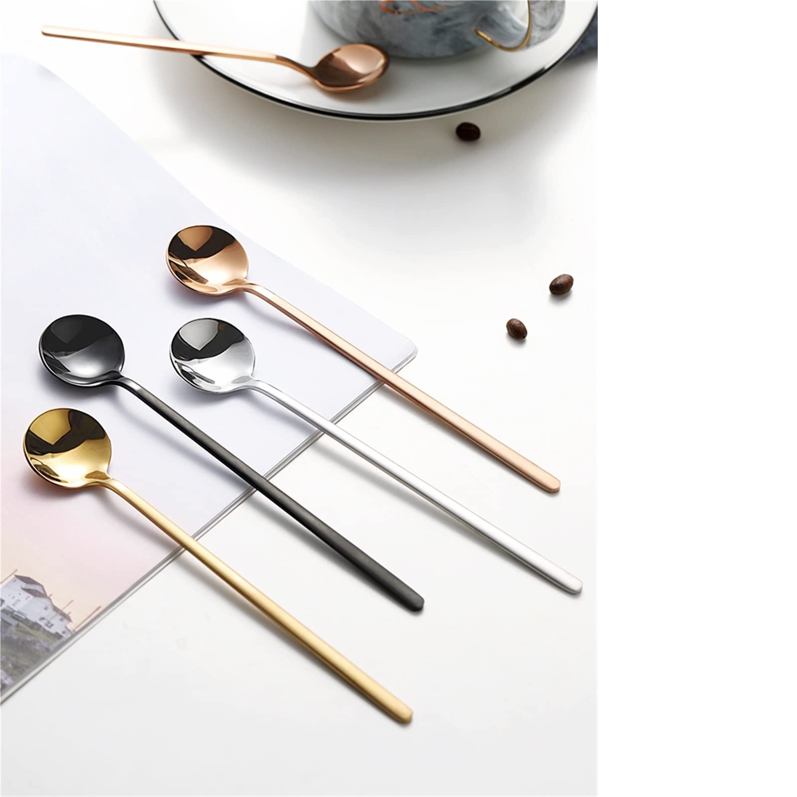 JINGYAN Cucchiaini da tè Small Spoon Coffee for Yogurt Ice Cream Dessert Long Handled Cutlery Kitchen Tainless Steel Round Teaspoon