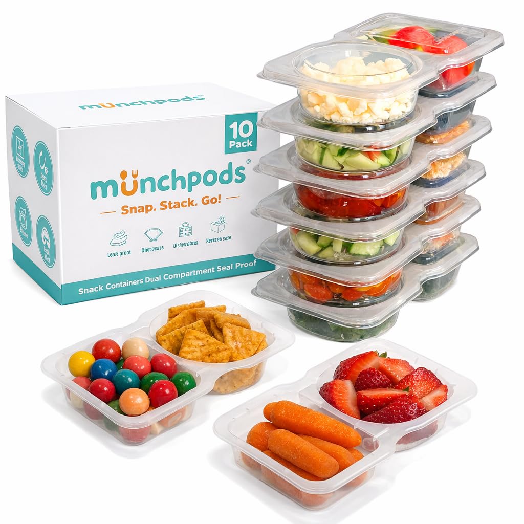 Reusable Snack Containers with Lids 10 Pack (20 Pieces) Portion control, Snack Pack Containers 2 Double Compartment Snack Containers for Kids On the Go Meals, Camping Snack Tray Prep