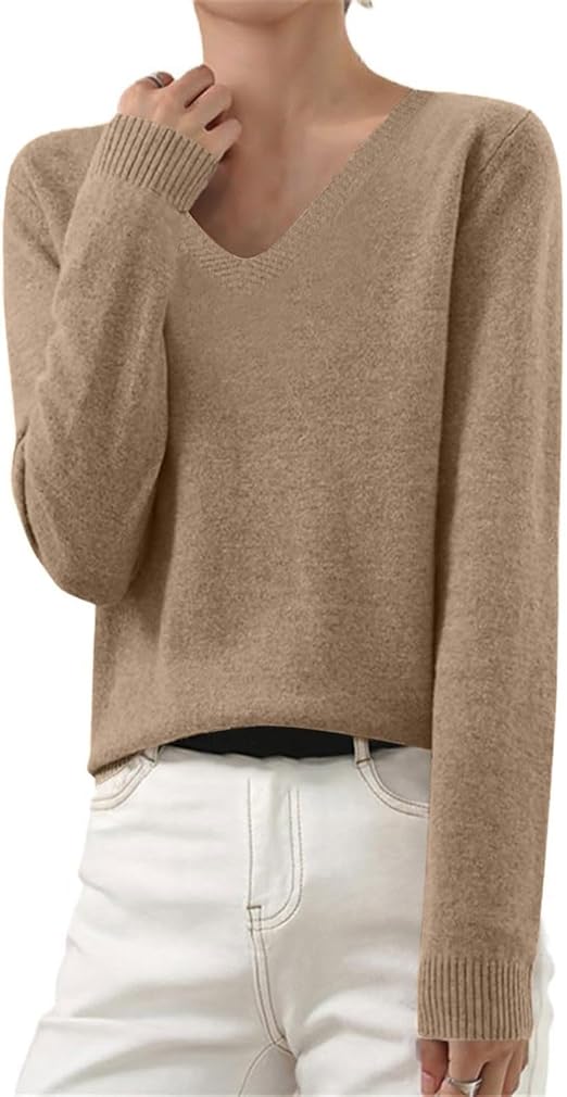 OIOLOYJM Fall Cashmere Sweaters for Women 2025 V Neck Long Sleeve Tops Lightweight Knitted Pullovers Merino Wool Sweater