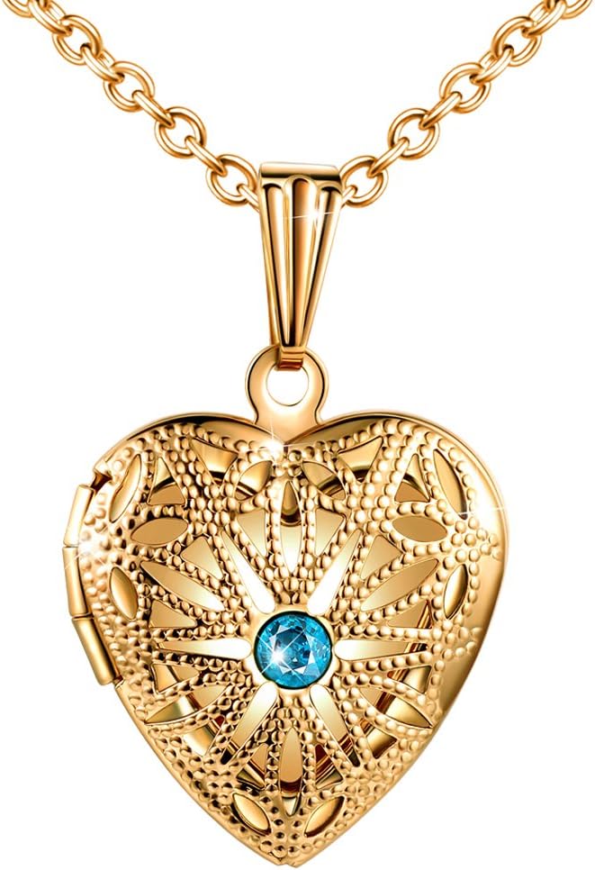 MicLeeLockets Heart Shape Memory Vintage Fashion Locket Necklaces Purple Cubic Zirconia 19.7"(50cm) for Women with Gift Box Greeting Card