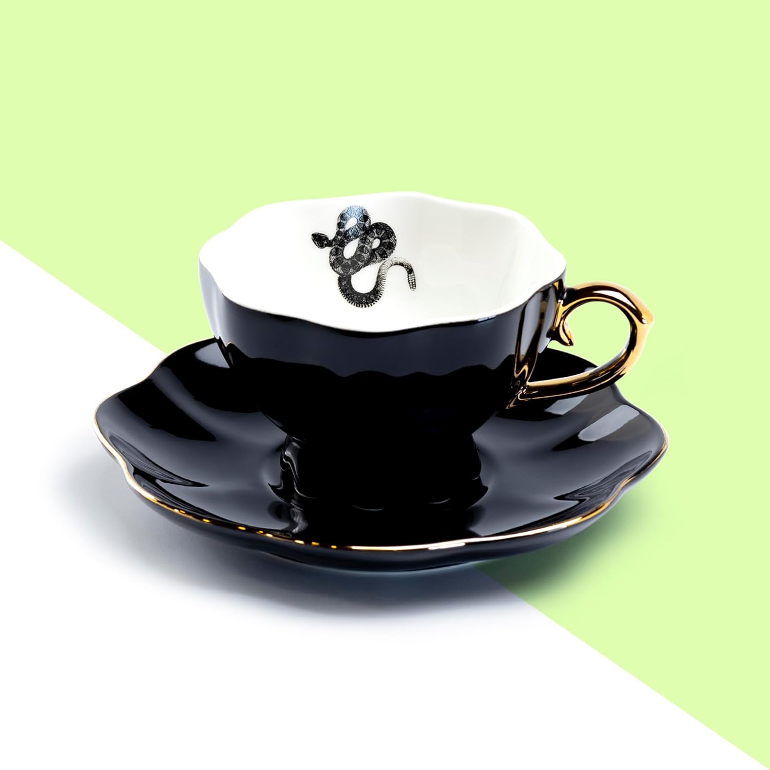 Black Gold Tea Cup and Saucer with Gold Trim Raven Black Cat Snake Spider Halloween (Snake Tea Cup and Saucer)