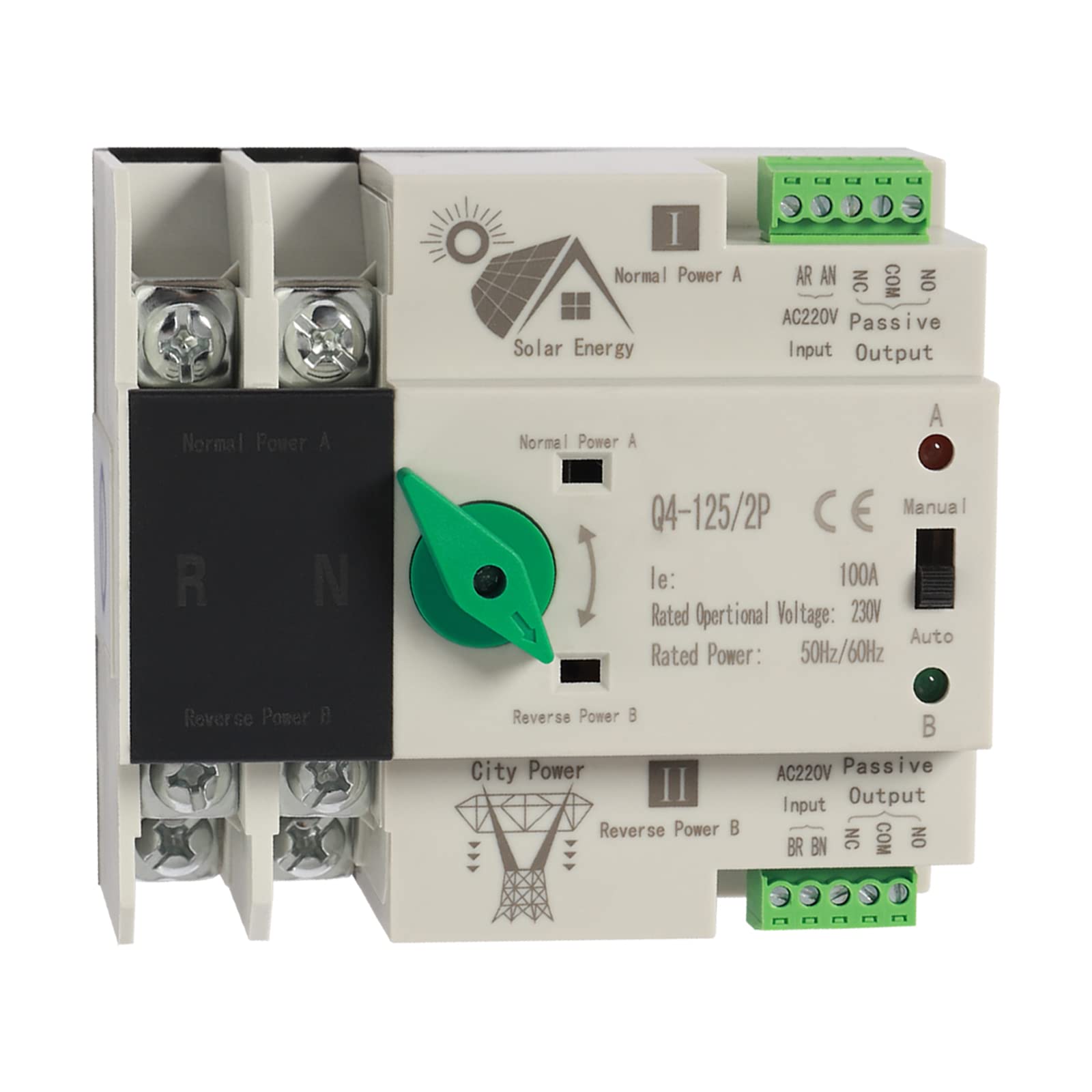 Automatischer Transferschalter, 2P 100A 230V, Automatic Dual-Power-Umschalter, Switch G2R Transfer Switch, Hutschiene Notstrom Netz Umschalter Netzumschalter für Strom, USV, Wechselrichter, Solar