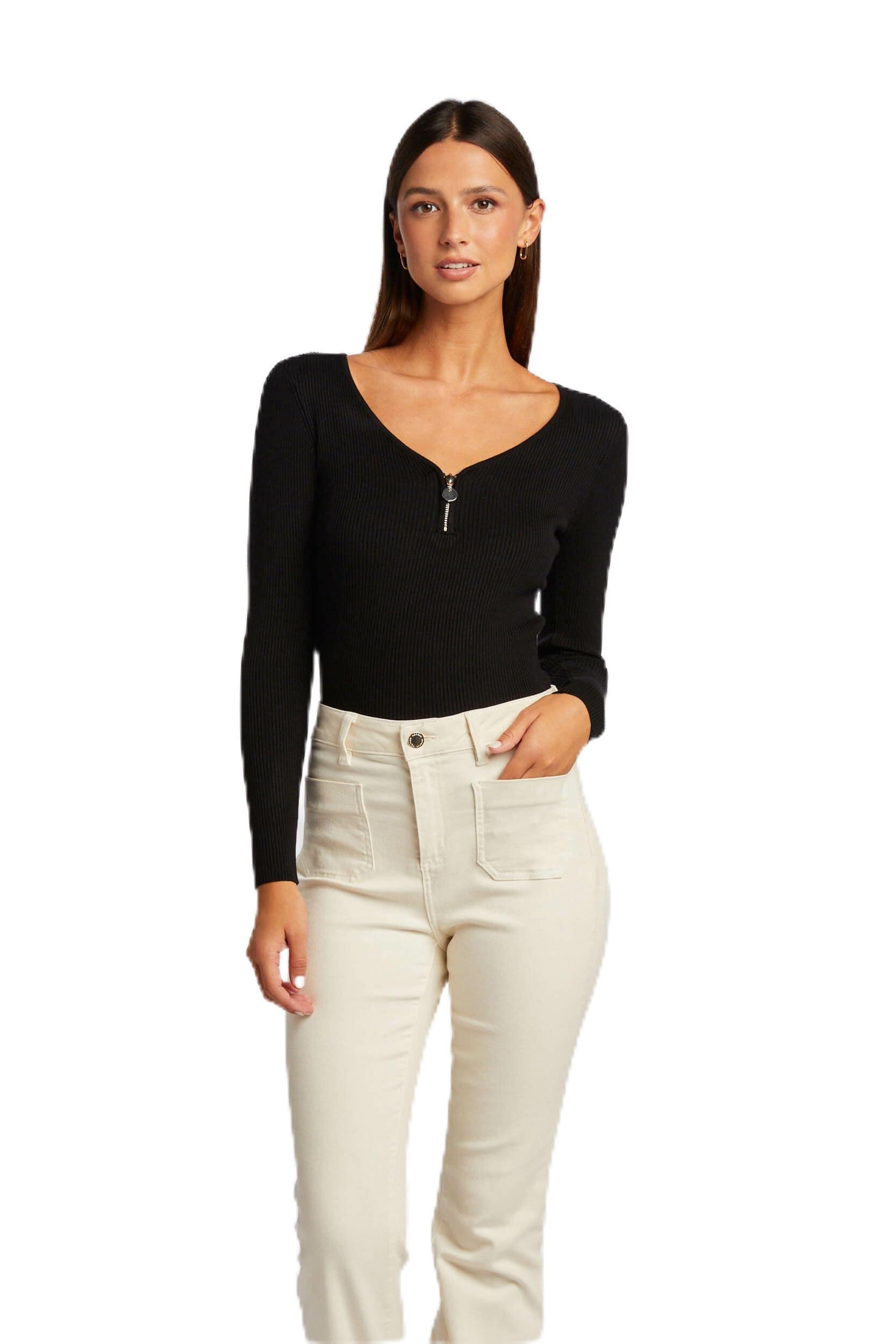 Morgan Long-Sleeved Ribbed Zip Detail Jumper, Black, UK 14-16