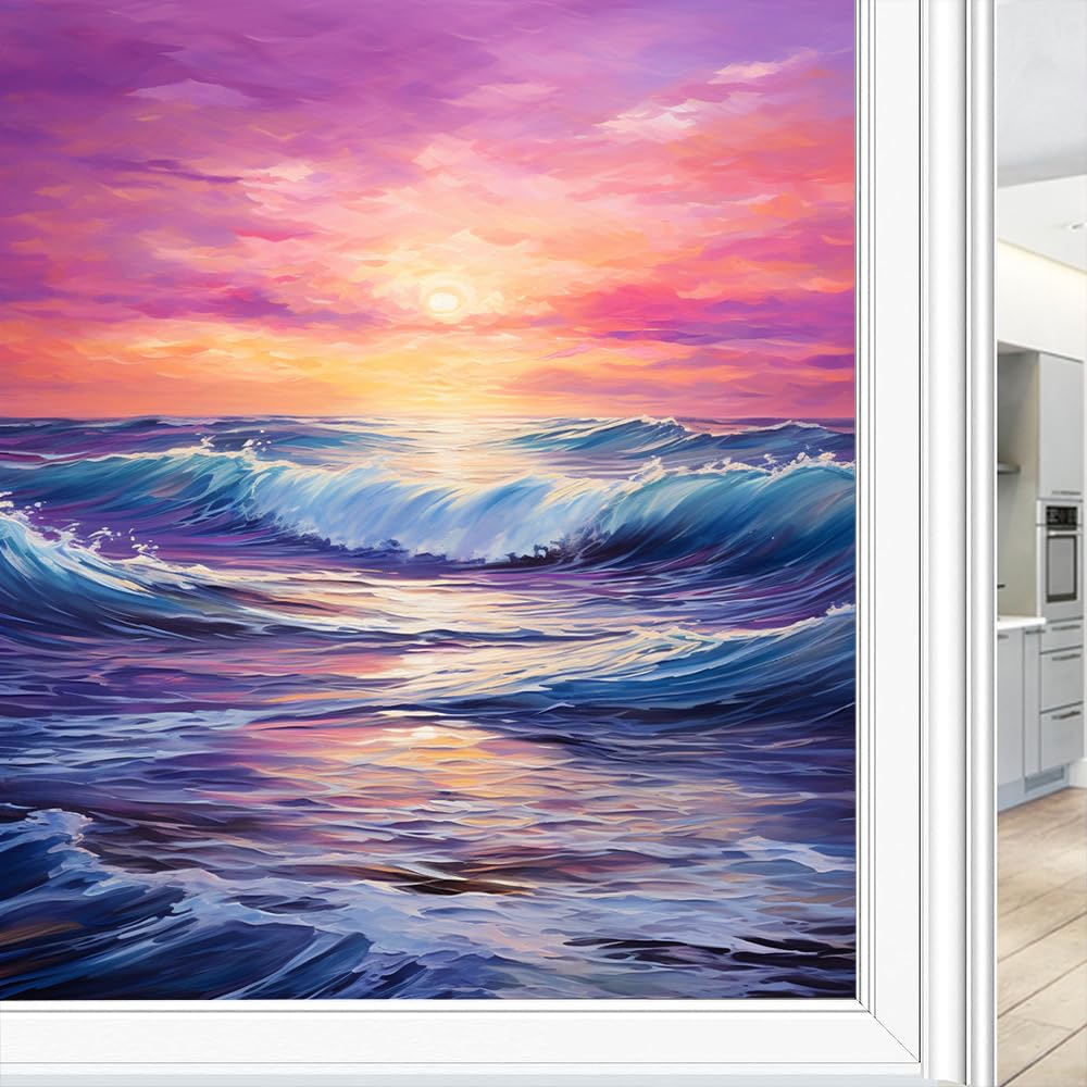 Sunset Ocean Window Privacy Film Abstract Colourful Sky Waves Painting Stained Glass Window Film Decorative Window Cling for Home Window&Glass Door, Sun Blocking 80 x 140 cm