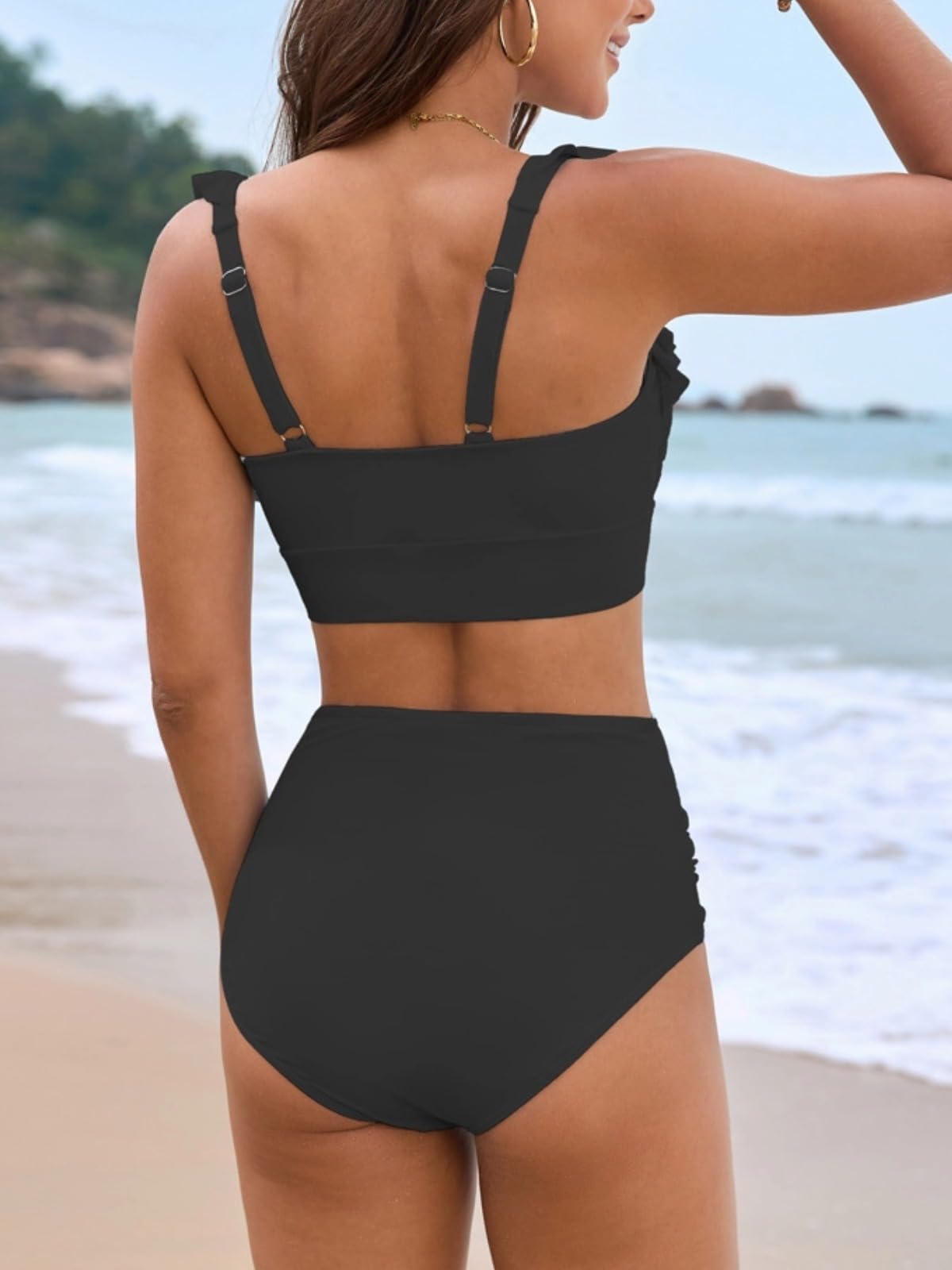 Bikini Damen Set Bauchweg Zweiteiliger Rüschen Quadratischer Ausschnitt Badeanzug High Waist Push Up Tank Bikini Bademode Swimsuit