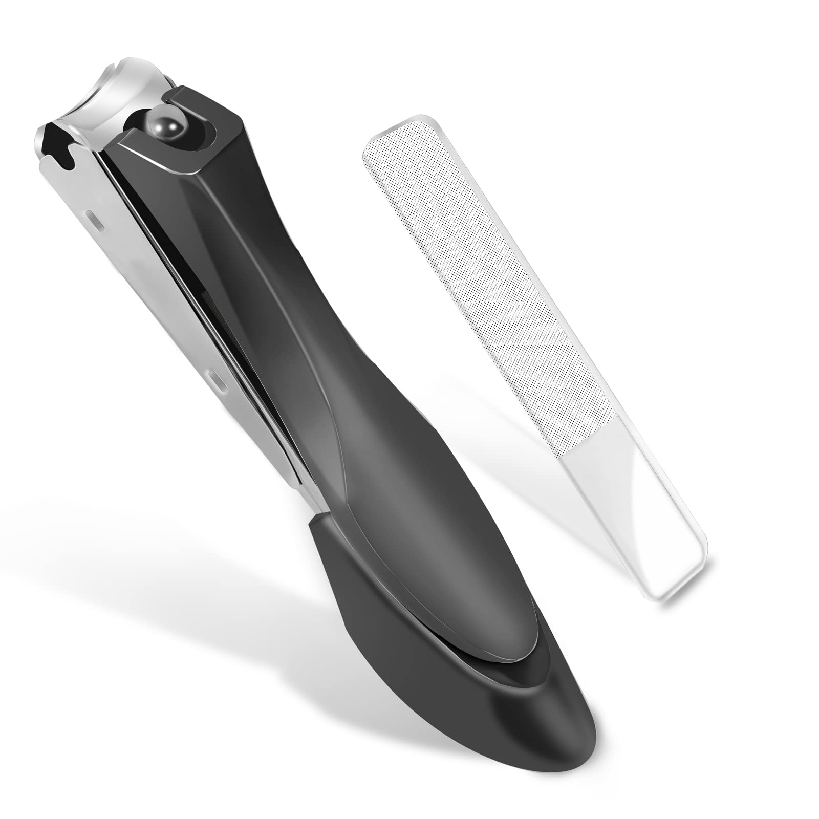 Nail Clippers Set with Catcher, Bionics Design Anti Splash Fingernail and Toenail Clipper Cutters with Nail File, Stainless Steel Nail Clippers for Thick Nails or Ingrown Nails, Large, Space Black