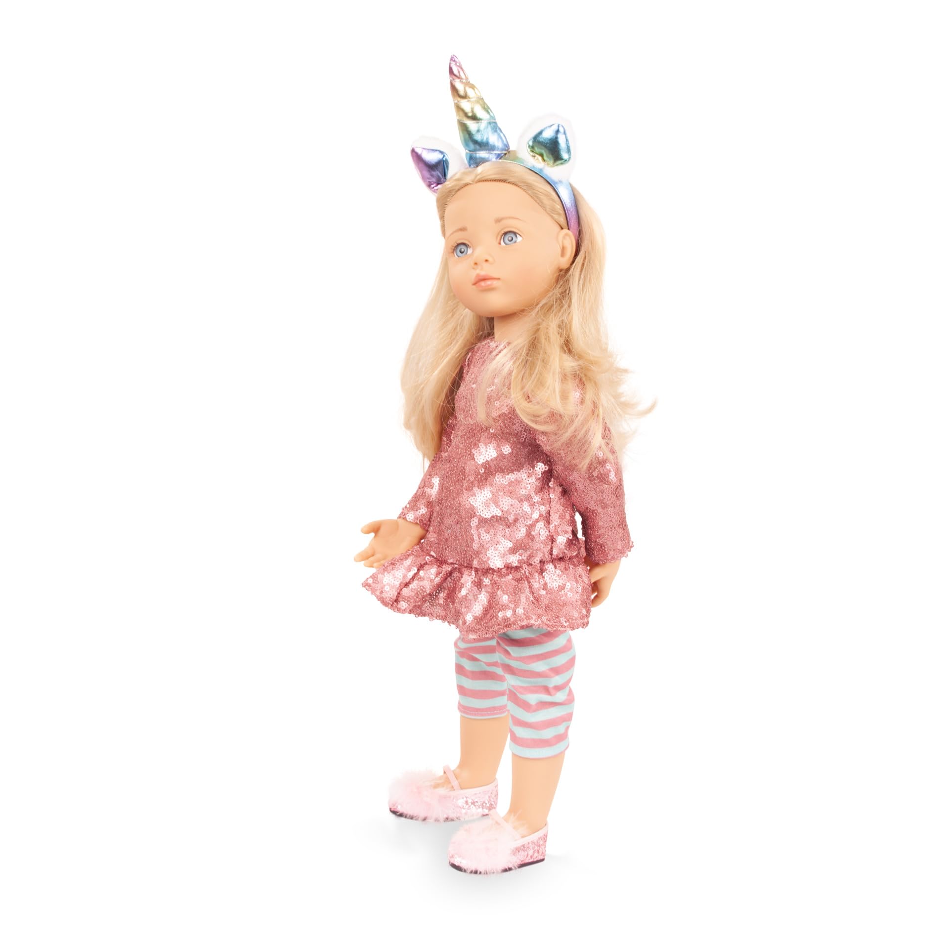 Götz 2666009 Happy Kidz Anna Einhorn Puppe 50 cm Multigelenk-Stehpuppe | 6-tlg, für Kinder ab 3 Jahren, blonde Haare, blaue Augen, 9 Gelenke, posierbar, frisierbar, Vinylhartkörper