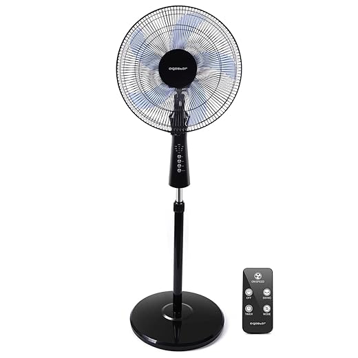Aigostar Ventilateur sur pied silencieux 60 W avec télécommande. 3 vitesses, 3 modes, 5 pales, minuterie automatique. Hauteur réglable, oscillation à 90°, antidérapant - Olga
