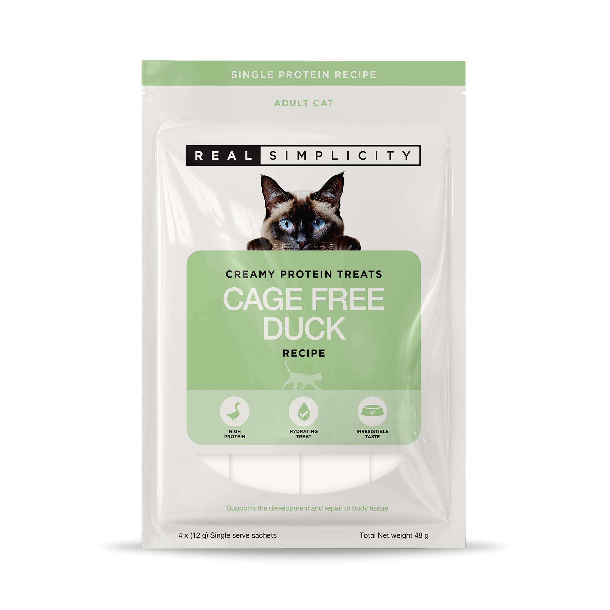 Real Simplicity Lickable Cat Treats for Adult Cats, Creamy Protein Treats with 45% Cage-Free Duck, Hydrating Snack & Meal Topper, Supports Tissue Maintenance, 4 x 12g Sachets