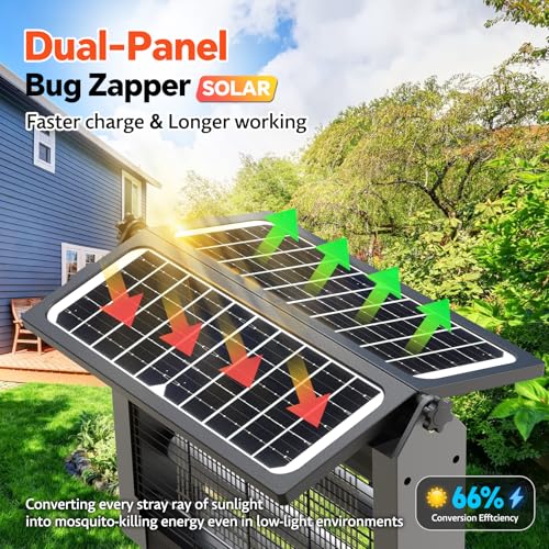 Image of Solar Bug Zapper Outdoor Dual Solar Panel, 4500V Mosquito Zapper Waterproof | IPX5 Waterproof, Auto /Off, Solar Power, USB C Charging, Attract All Types Of Flying Insects, Easy to Maintain, Backyard Ideal