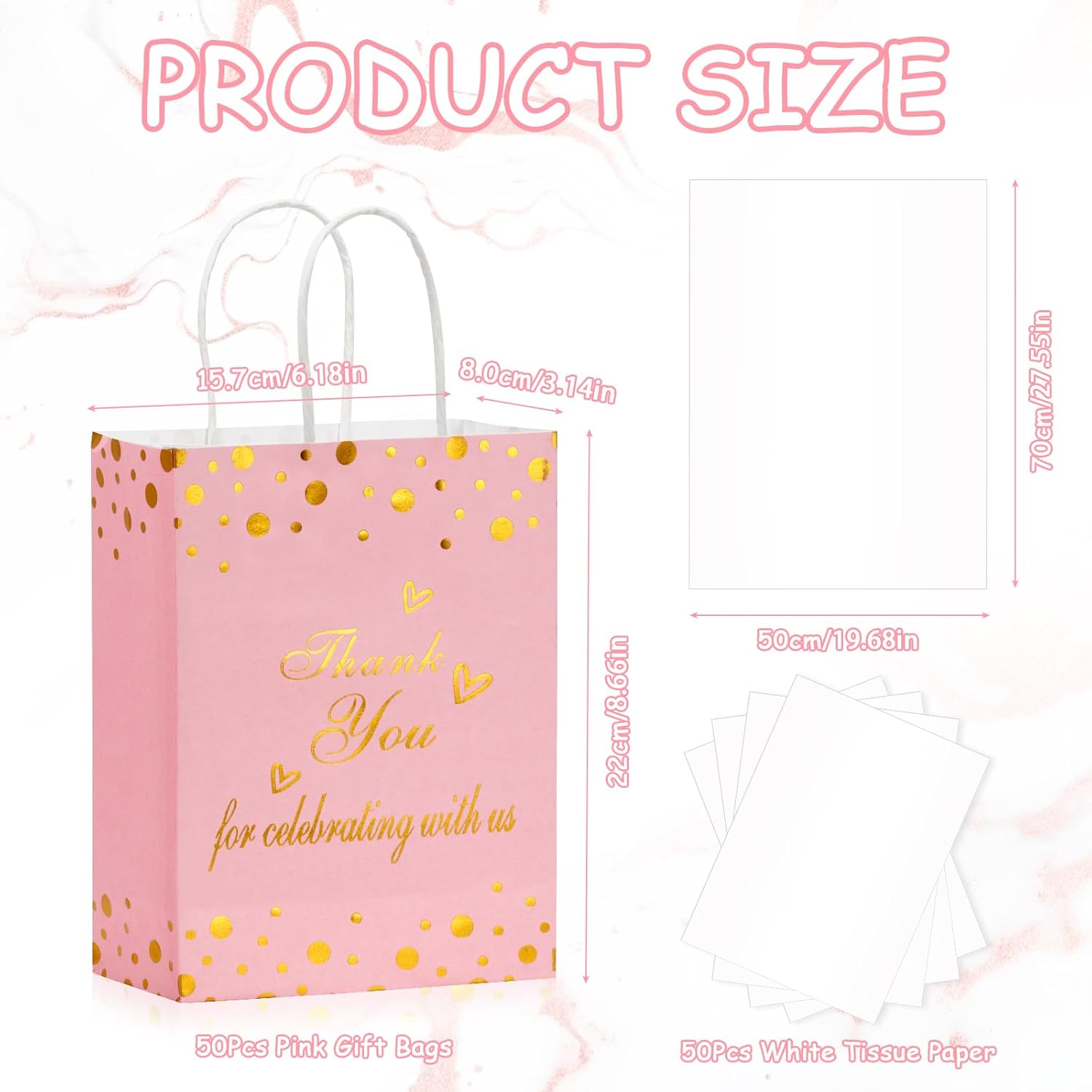 50Pcs Thank You Gift Bags with Tissue Paper, Thank You Paper Kraft Bags Bulk with Handles, Wedding Baby Shower Party Favors Bags for Guests Business Shopping Birthday Bridal Return Souvenirs (Pink) - Image 2
