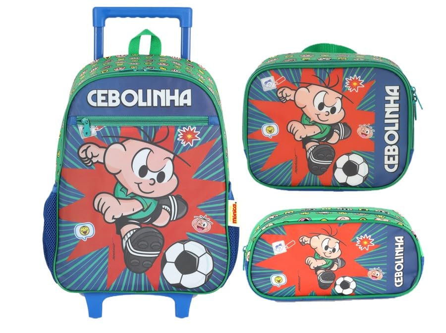 Kit Mochila Rodinha Cebolinha Futebol Lancheira Estojo 2026 Azul