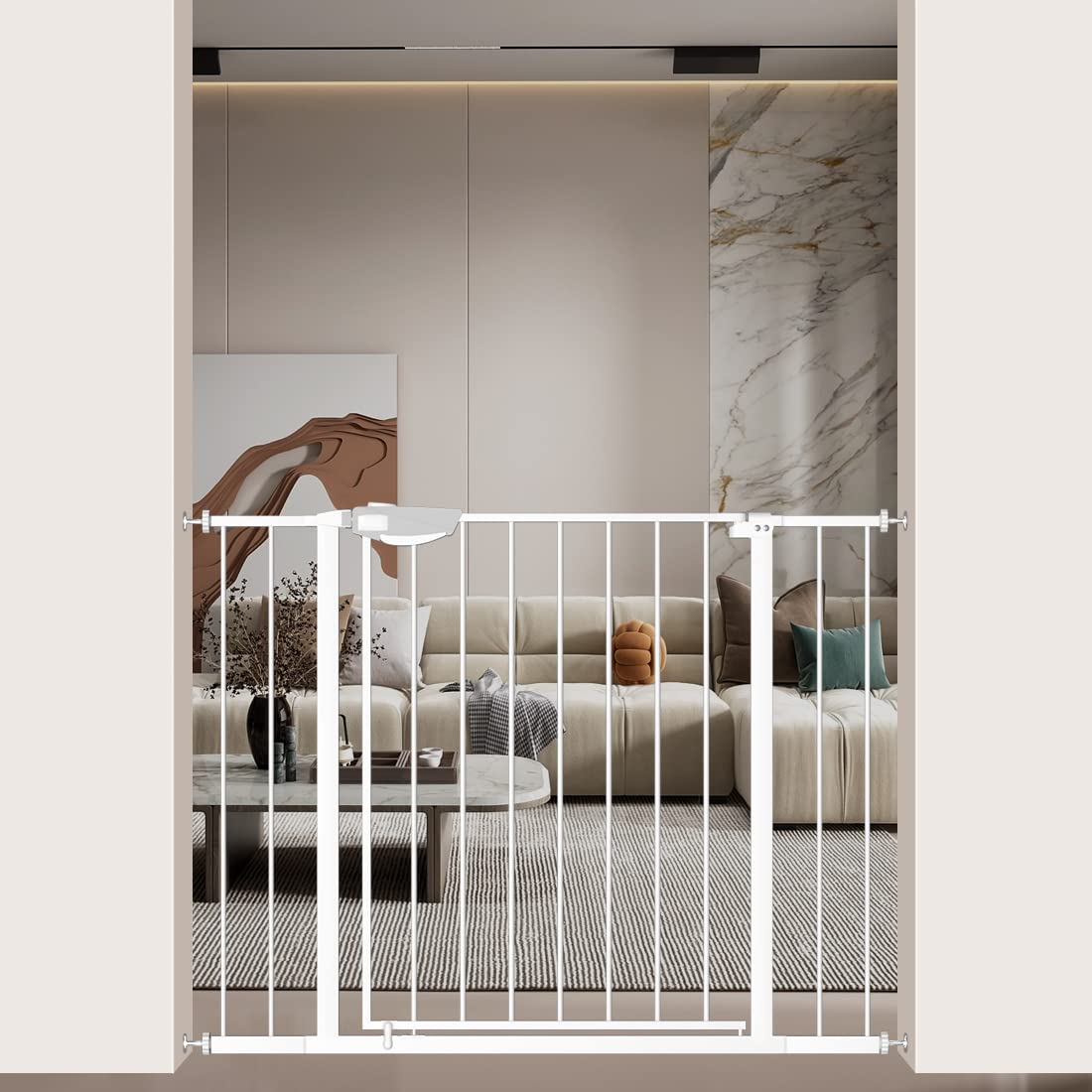 WAOWAO Triple Lock Baby Gate Extra Wide 39.76-43.7" Pressure Mounted Walk Through Swing Auto Close Safety White Metal Child Kids Dog Pet Puppy Cat for Stairs,Doorways