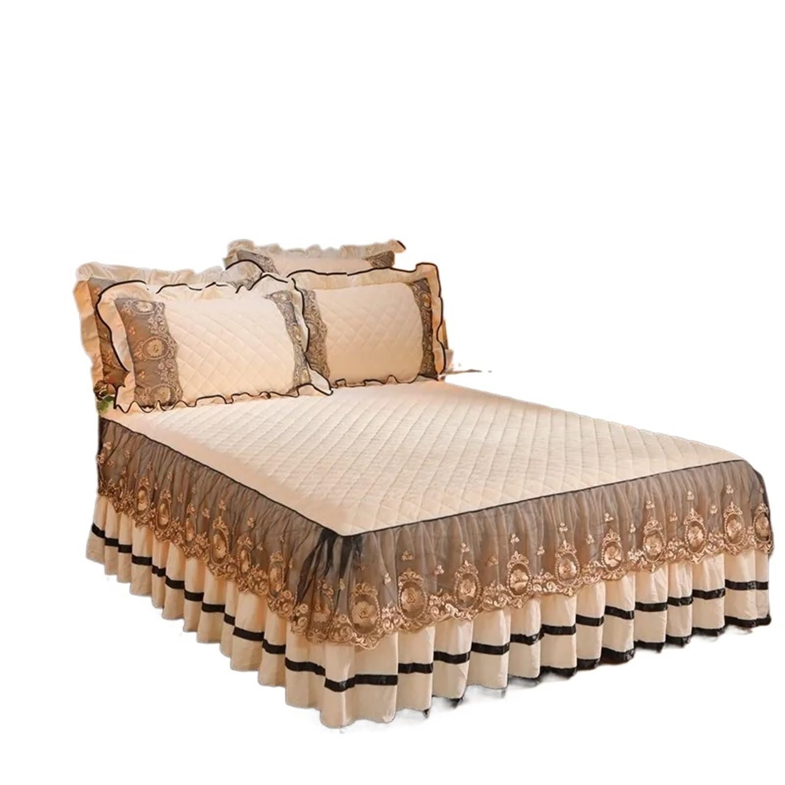 Lace Bed Skirt Bedspreads Bedding Thicken Velvet Plush Quilted Embossing Spread For Home(Color-01,2 Pillowcase 48x74cm)