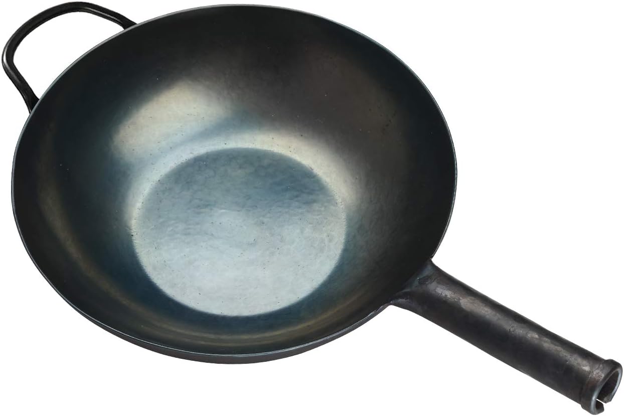 臻三环 ZhenSanHuan HandHammered Iron Wok Flat Bottom Induction Suitable (34CM Iron Handle with Help)