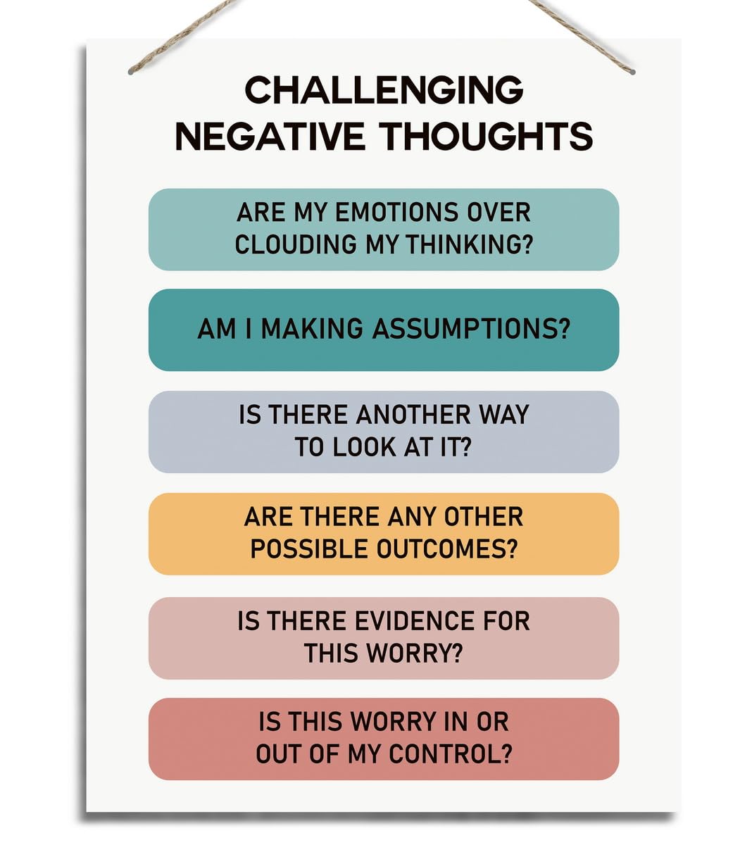 Therapy Worksheet Wood Plaque - Mindfulness Sign for Adults & Therapist Office - Anxiety Relief Decor - Challenge Negative Thoughts