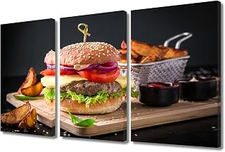 3 Panel Wall Art Restaurant Food Fresh Burger with Beef Cutlet Canvas Print Pictures Fast Food Wall Painting for Pizzeria Kitchen Fried Chicken Shop Decor Ready to Hang 36"Wx 24"H