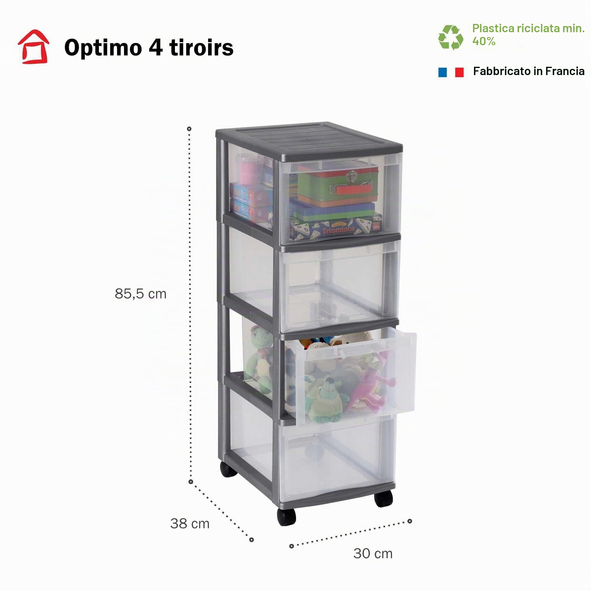 Rotho Sundis 4155002 Optimo Cassettiera 4 cassetti Polipropilene Argento 38 x 30 x 85,5 cm | Grigio, facile da spostare, ideale per l'archiviazione in ufficio, lezioni, documenti, materiale di consumo