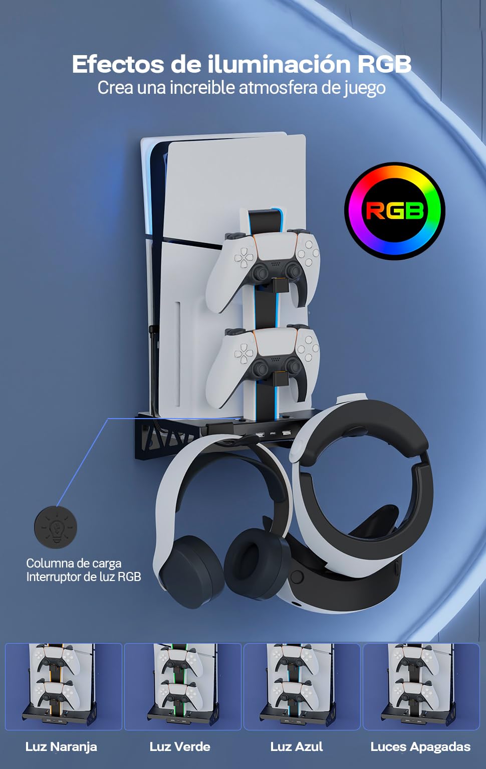 Soporte de pared Playstation 5 PS5 Slim y VR2 con RGB ,Ventilador Refrigerador, Soporte y Carga de 2 Mandos PS5, Soporte Auriculares, Accesorios PS5 Digital y de Disco (Soporte de Pared RGB)