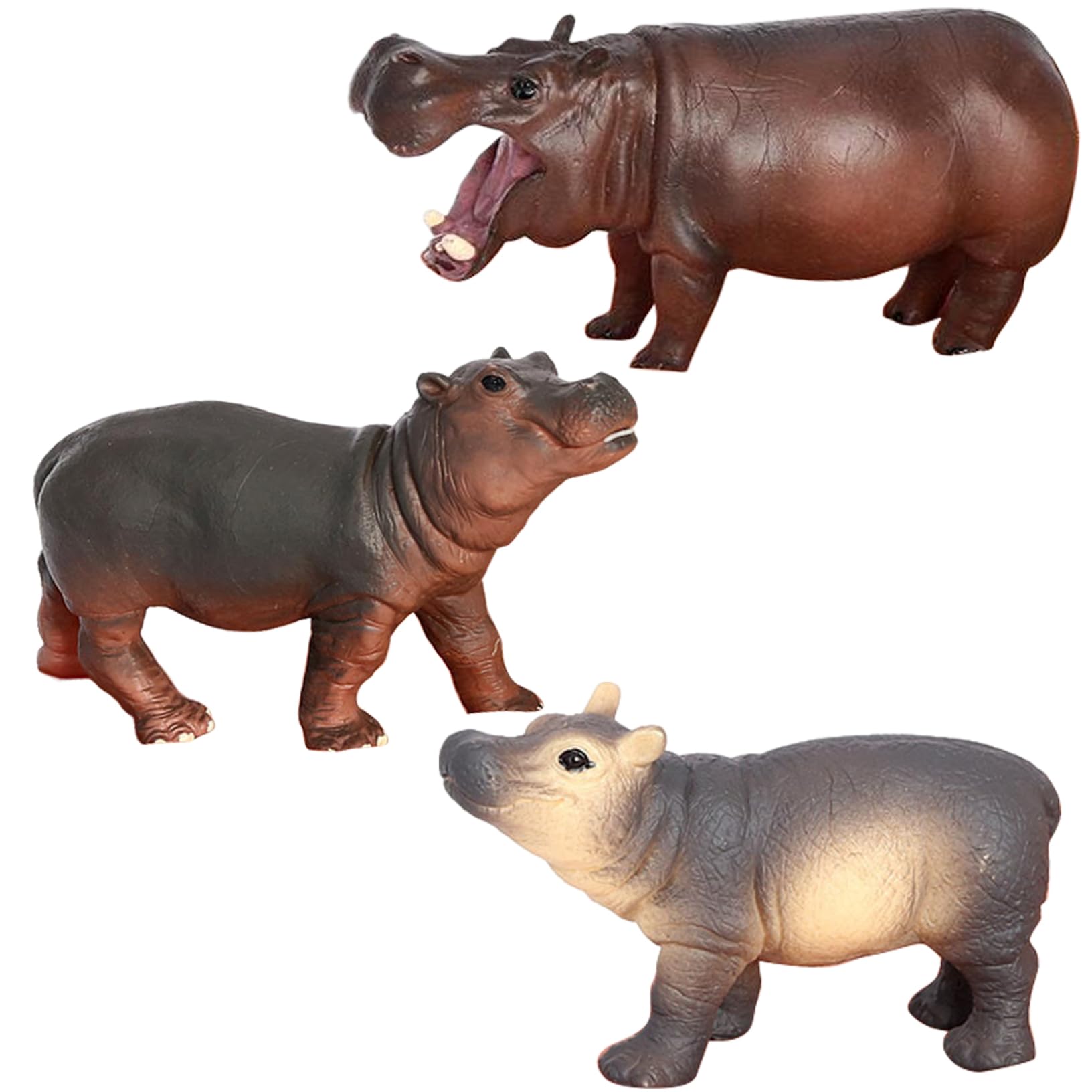 Xweptuy Hippo Figurine 3Pcs 3 Style Lifelike Adult & Baby Hippopotamus Statue Sturdy & Low Maintenance PVC Educational Toys for Kids, Hippo