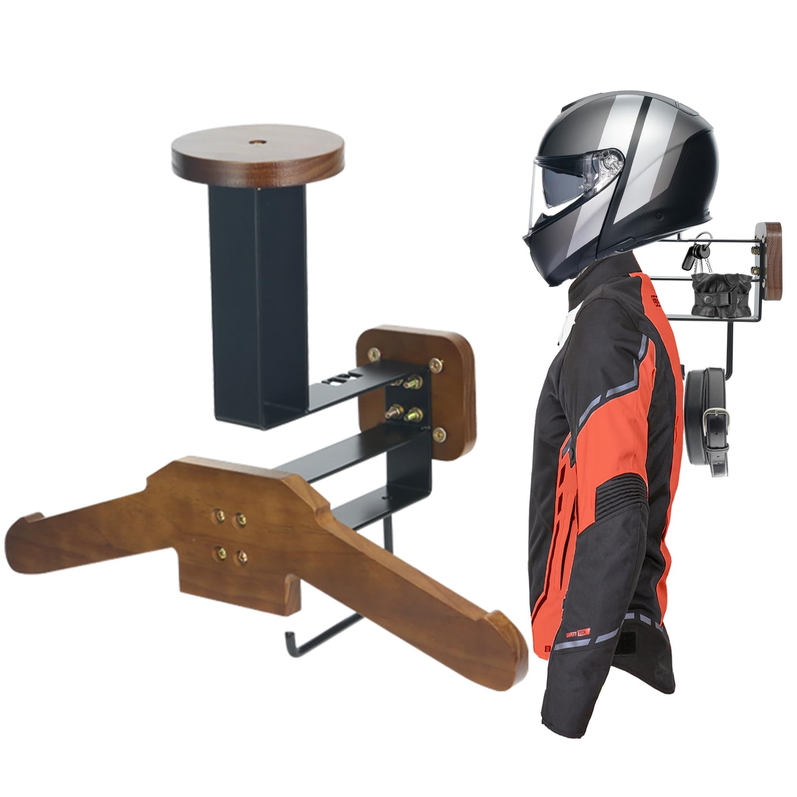 Helmet Holder, Motorcycle Helmet Rack Wall Mount, Solid Wood & Heavy Duty Steel Helmet Wall Mount Organizer & Display for Motorcycle/Football/Cycling Skiing/Tactical Gear Wall Mount