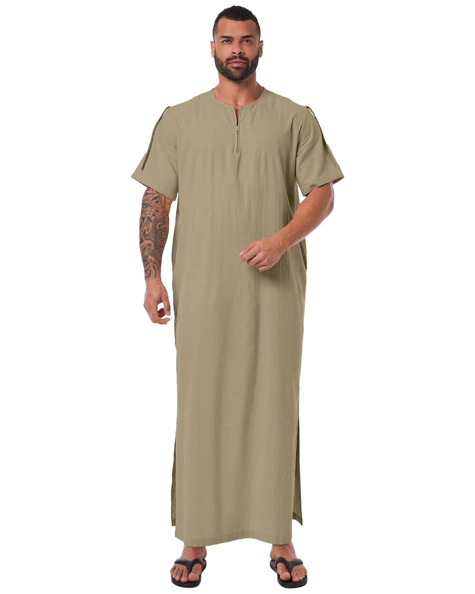 YAOHUOLE Kaftan Herren Lang Sommer ThobeHerren Kurzarm Men Kaftan Thobe Herren Dunkel Khaki M