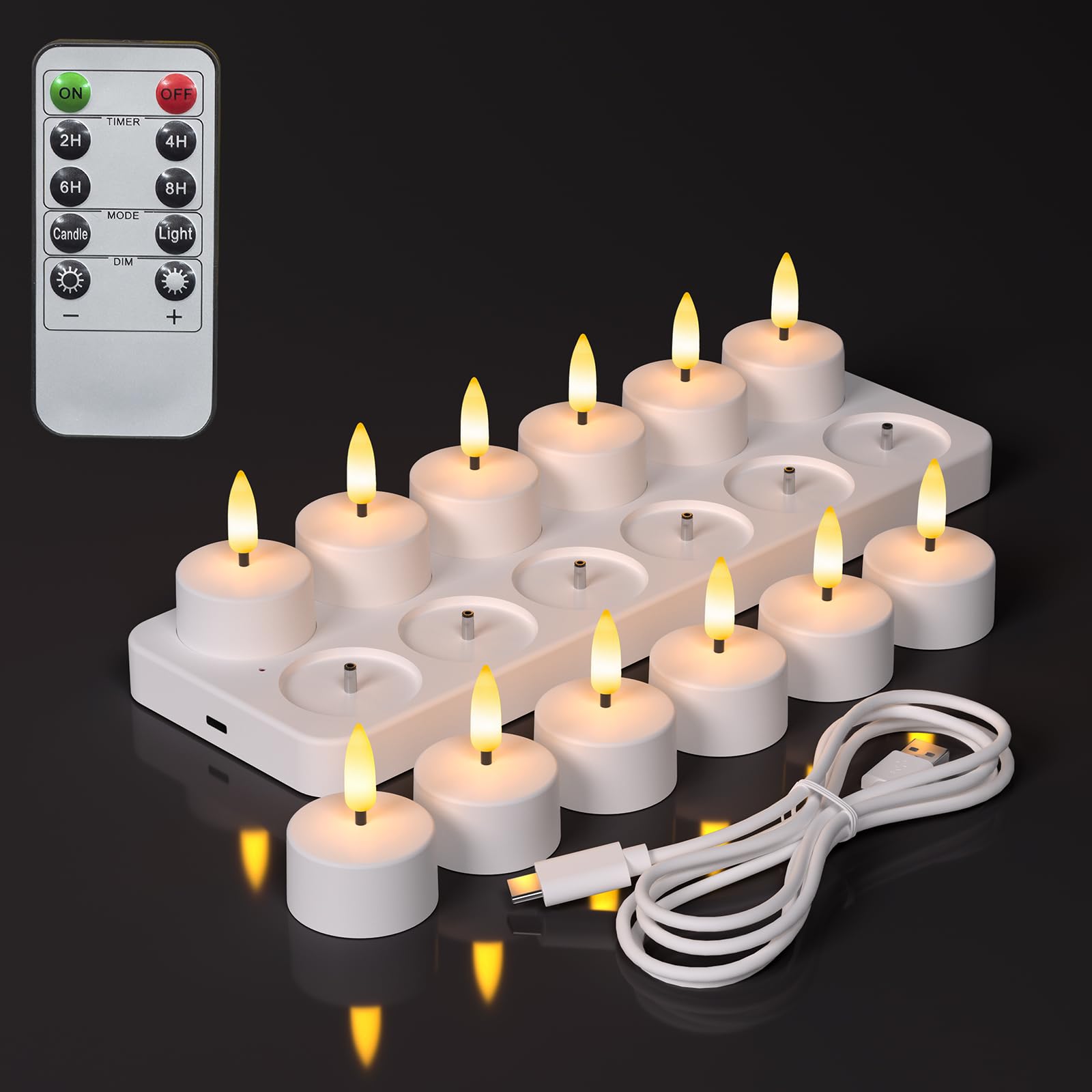 Set di 12 lumini a LED ricaricabili senza fiamma con stazione di ricarica, con telecomando e timer per matrimoni, Natale, Halloween, anniversari e decorazioni per la casa