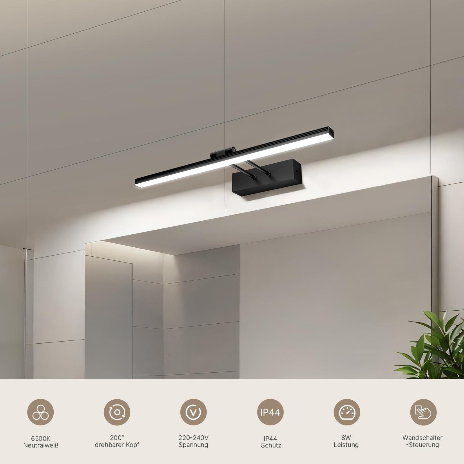 EMKE LED Spiegellampe Bad 40cm, Spiegelleuchte Badezimmer 200° Drehung 8W 6500K IP44 Badlampe Spiegel Lampe Wandbeleuchtung Spiegellampen für das bad Spiegelleuchten Schwarz