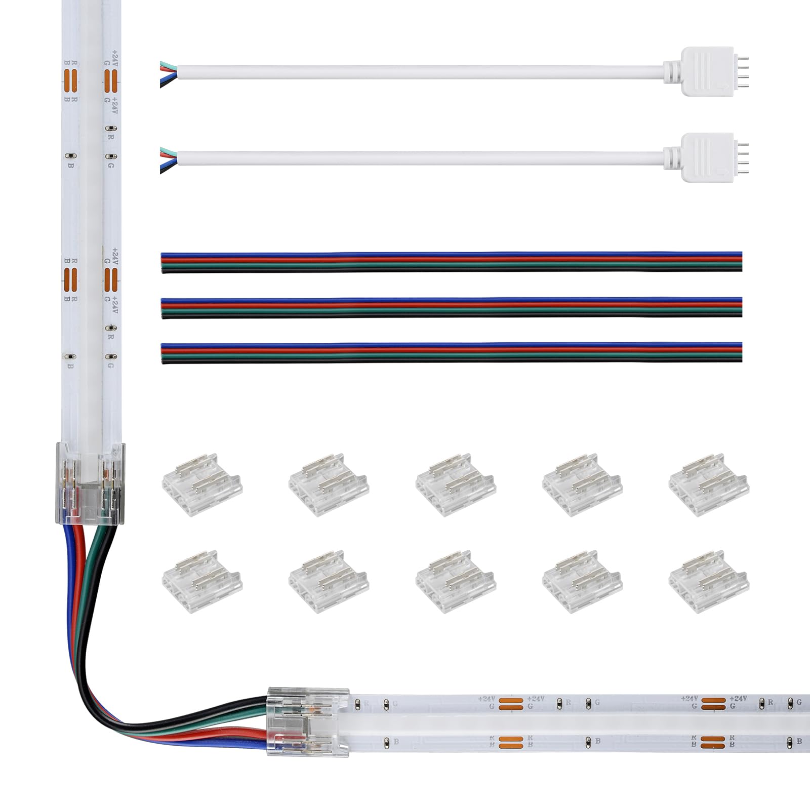 10pcs 4PIN Transparent COB Connectors for RGB COB Light Strips Solerless Connection (10mm-4PIN-RGB-Strip to Wire) with 5pcs 15cm Long Wires