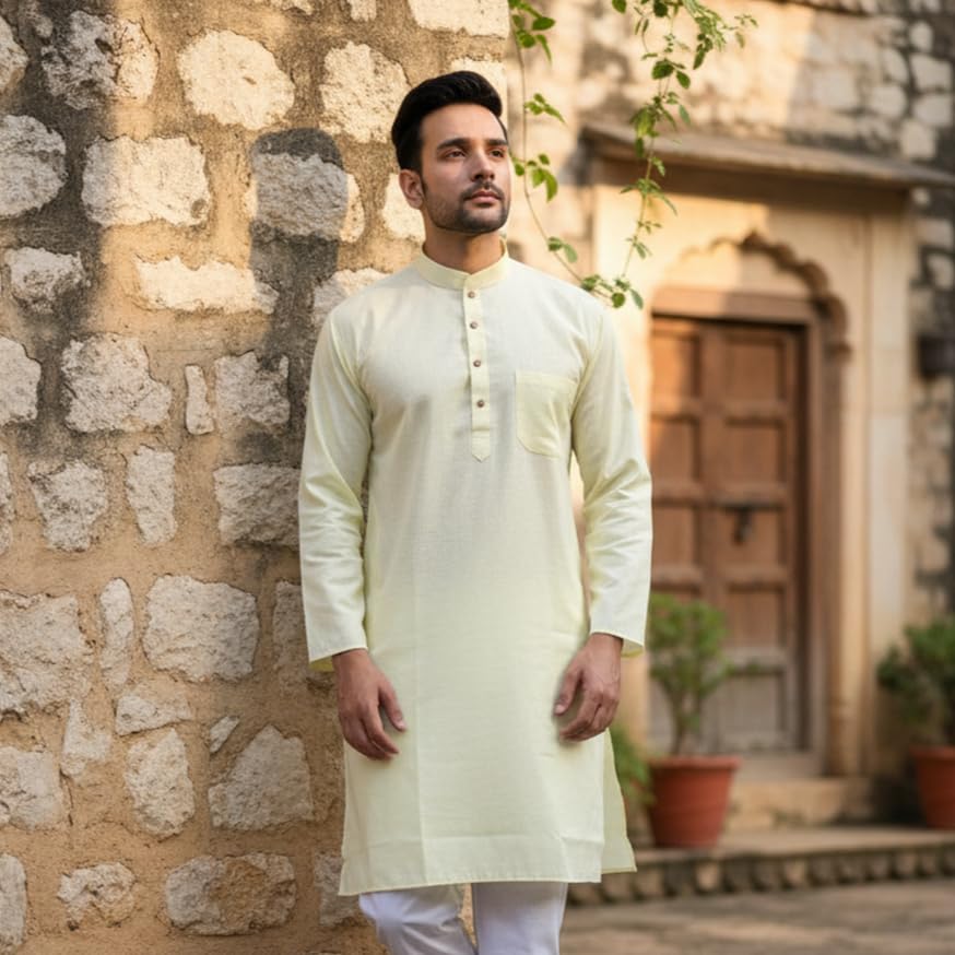 Image of Sadree Men's Cotton Long Solid Color Plain Knee Length Mandrin Collor Full Sleeve Ethnic Kurta Only