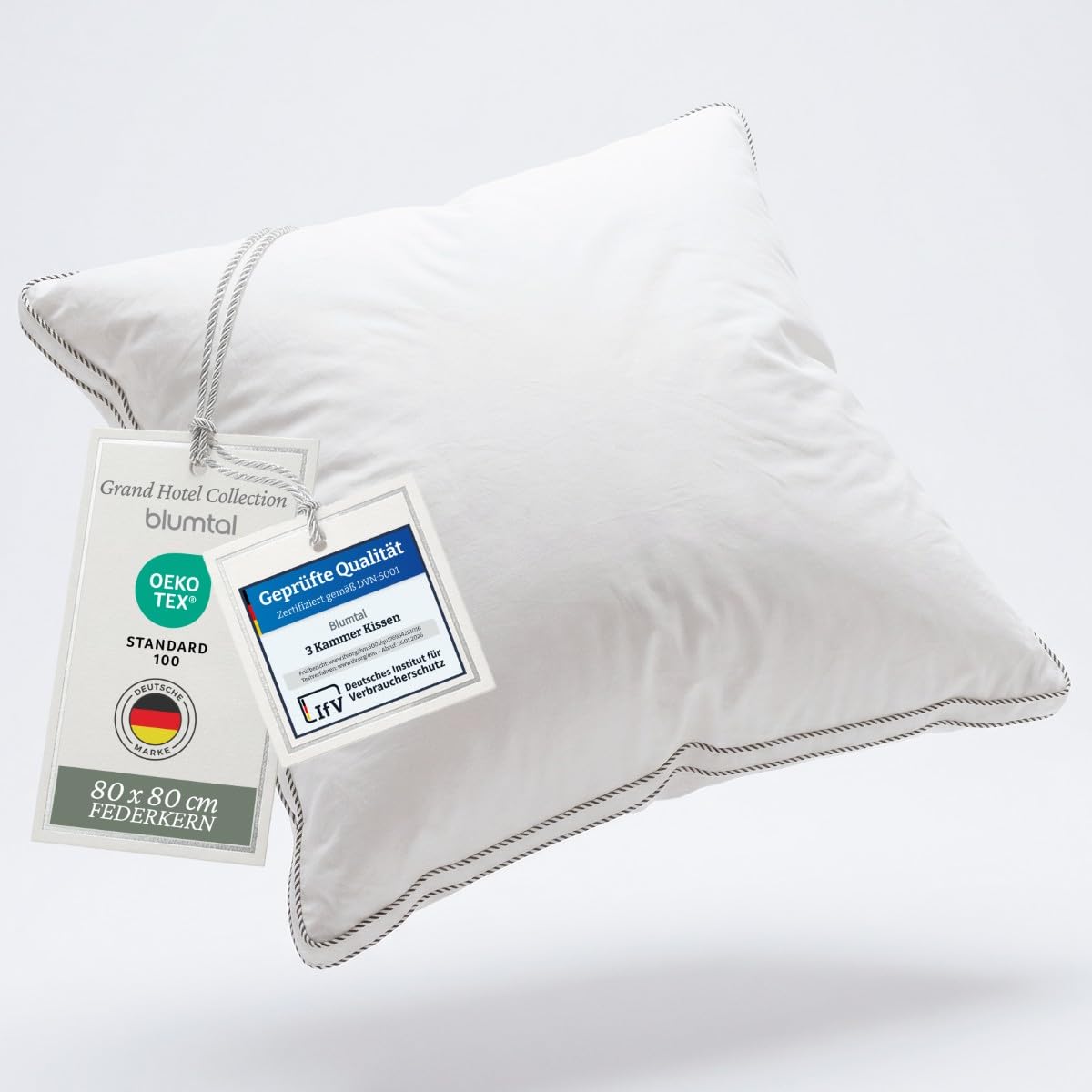 Blumtal Federkissen 80 x 80 cm mit 3-Kammer-Füllung - Oeko-TEX zert. Kopfkissen 80x80 Federfüllung - Ultra stützender Federkern + weiche HCS-Außenkammern - Bettkissen + Baumwoll-Bezug, Weiß