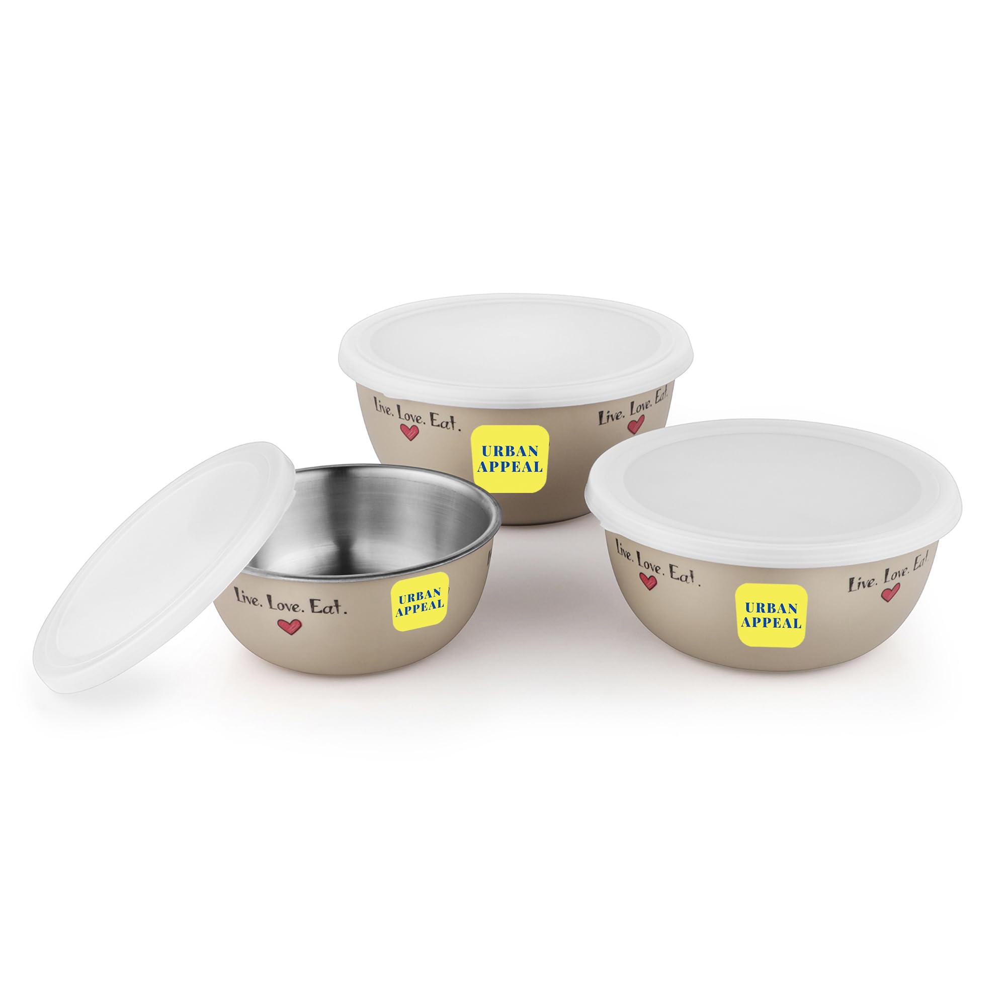 Microwave Safe Bowl with lid | 600, 800, 1300 ml Microwave Bowl, Flora Stainless Steel Microwave Safe. Bowl Set of 3 with Lid- Cream