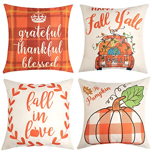Anickal Set of 4 Fall Pillow Covers Grateful Thankful Blessed Orange and White Buffalo Check Plaid Farmhouse Decorative Throw Pillow Covers 18x18 Inch for Sofa Couch Decor