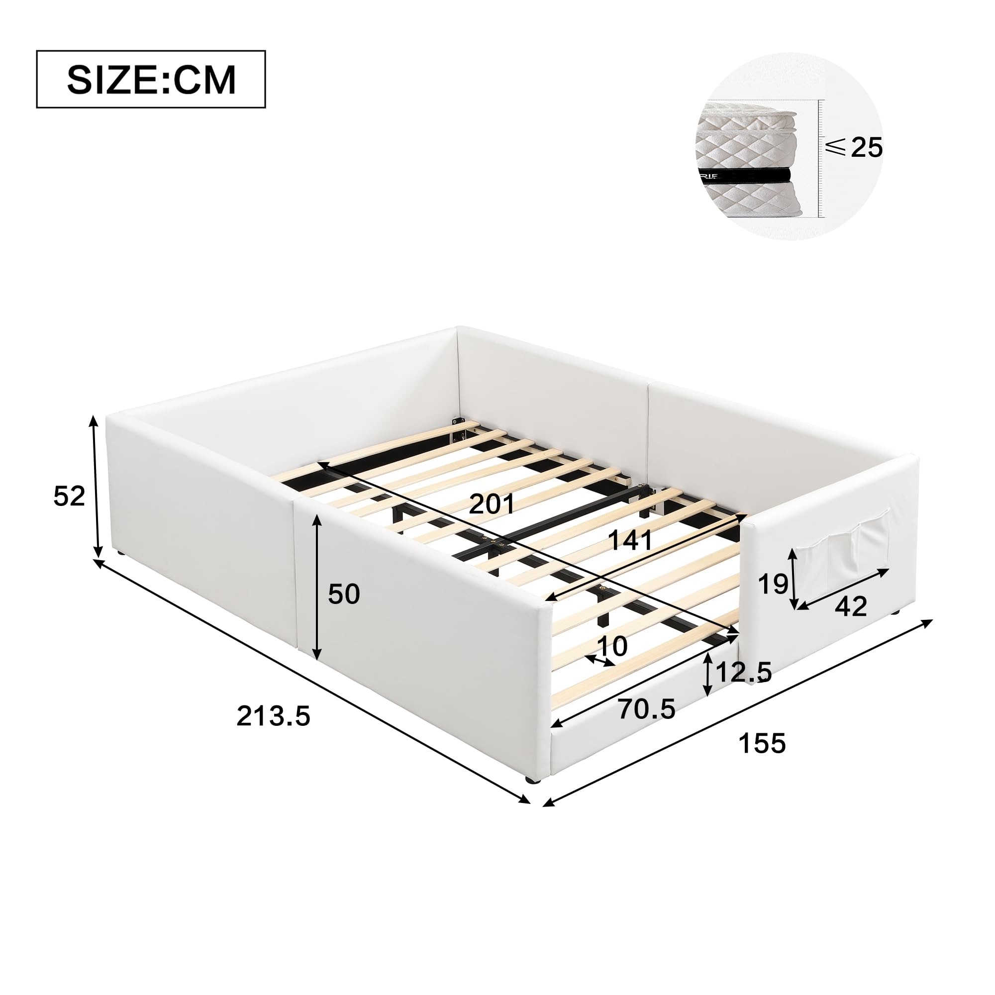 Montessori Letto a Terra per bambini 140 x 200cm, Letto imbottito PU con 3 pratiche tasche portaoggetti, Rete a doghe in Legno, letto Piazza e Mezza per Bambini(senza materasso)