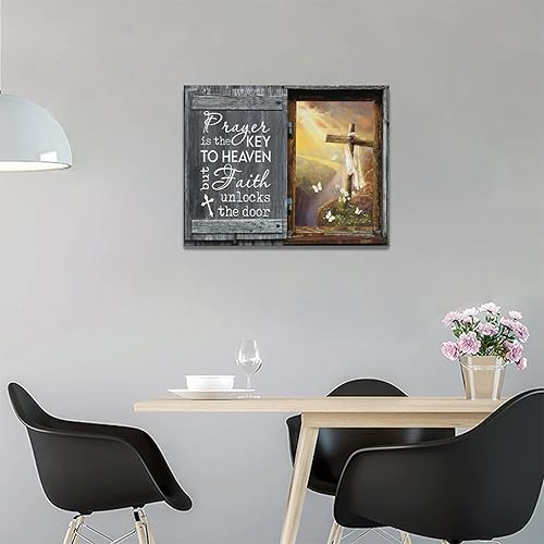 Miniatura 3 de Arte de pared con cruz cristiana, cruz de Cristo, mariposas, decoración de pared, fe religiosa, cita inspiradora, lienzo, obras de arte modernas