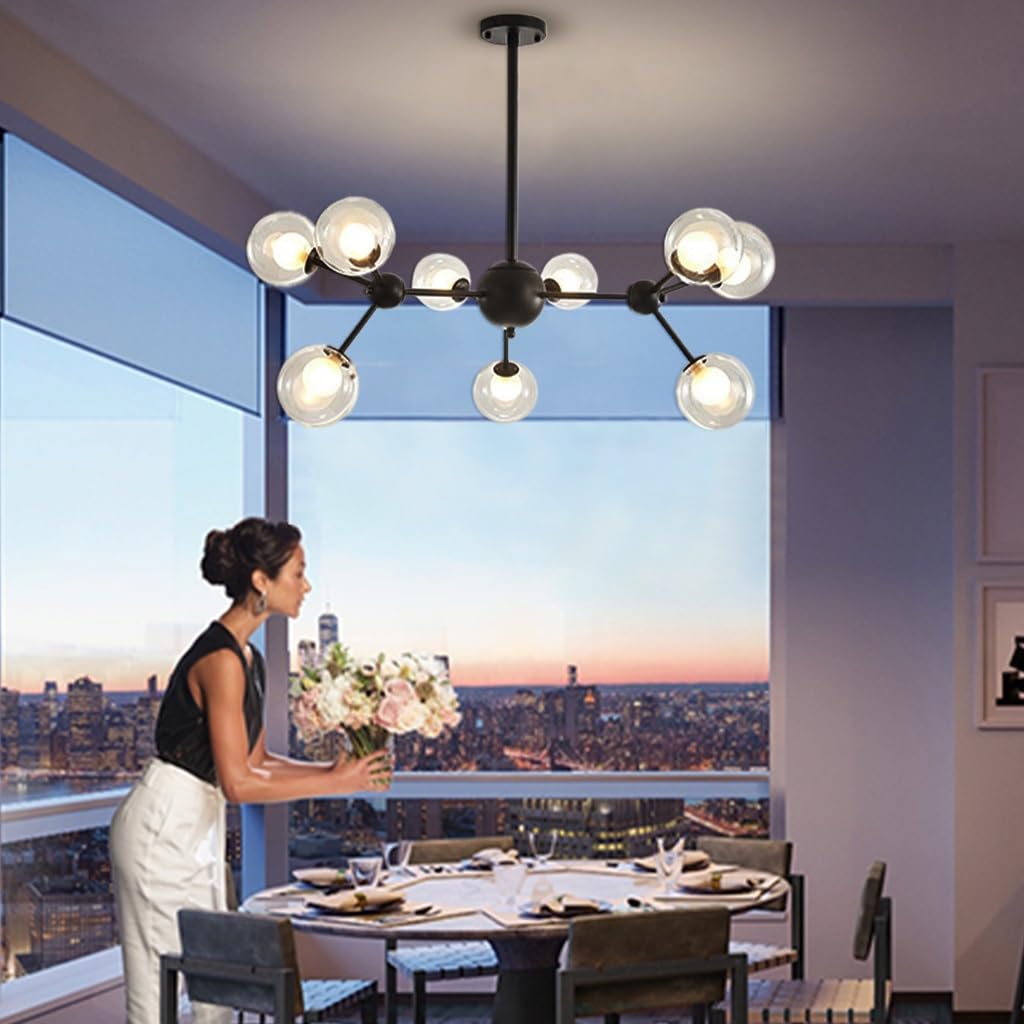 RuiRfh Lighting Modern Sputnik Hanging 12 Light Living Room Creative Pendant Light Clear Glass Sphere G9 Chandelier Mid Century Large Ceiling Light Fixture for Dining Room Kitchen Island Bedroom Bar(B