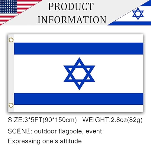 Miniatura 5 de Bandera de Israel, bandera de Israel de 3 x 5 pies, bandera de Israel, decoración de banderas de Israel para exteriores, tela 100% poliéster con