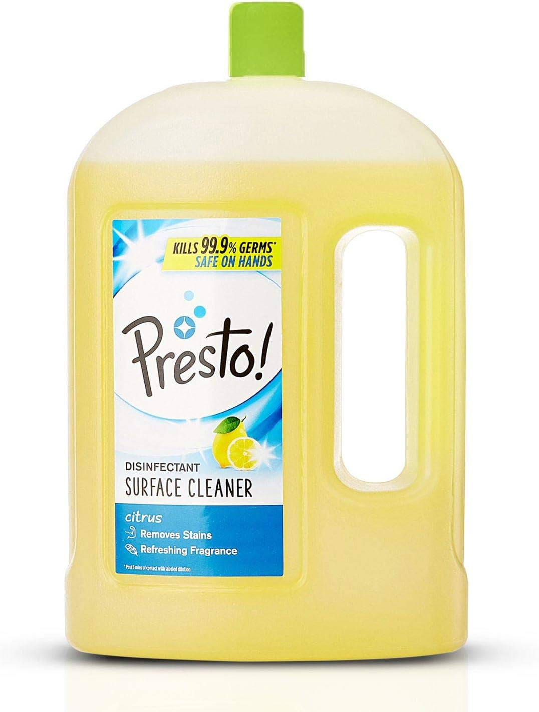 Amazon Brand - Presto! Disinfectant Surface & Floor Cleaner Liquid | Citrus | 2 Litre | 1 Can | Kills 99.9% Germs | Removes Stains | Safe on Hands