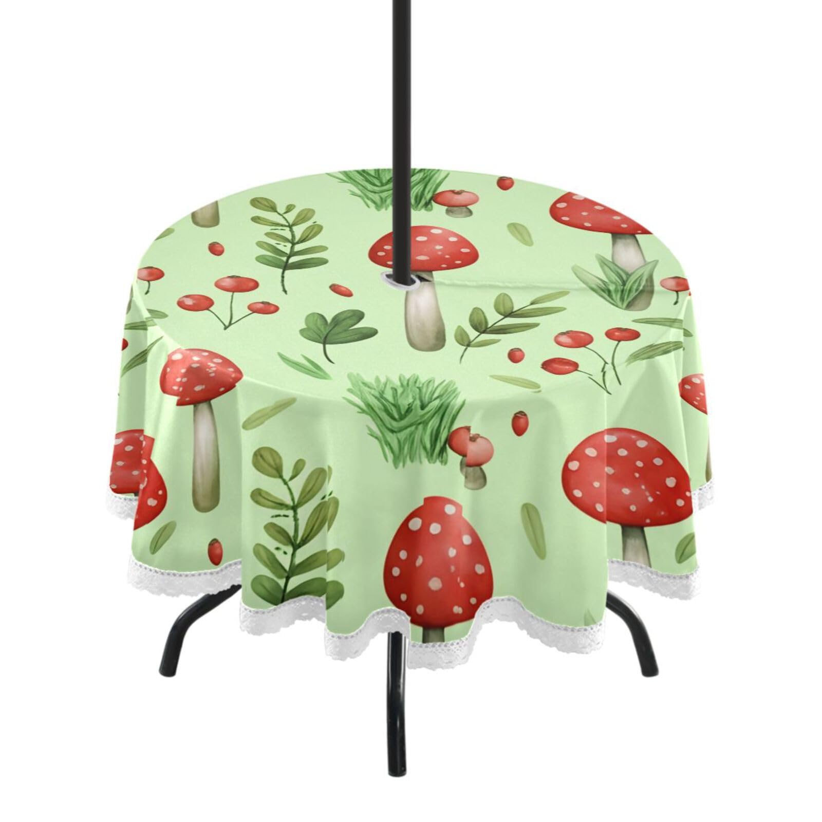 Ttgoth Mushroom Outdoor Table Cloth 152 cm Water Stain & Resistan Tablecloth Wipeable Table Cover with Parasol Hole & Zipper for Garden Patio Party Picnic